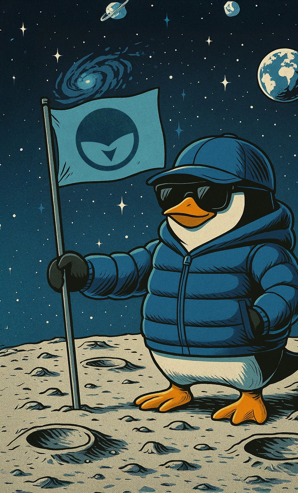 penguin with flag on moon